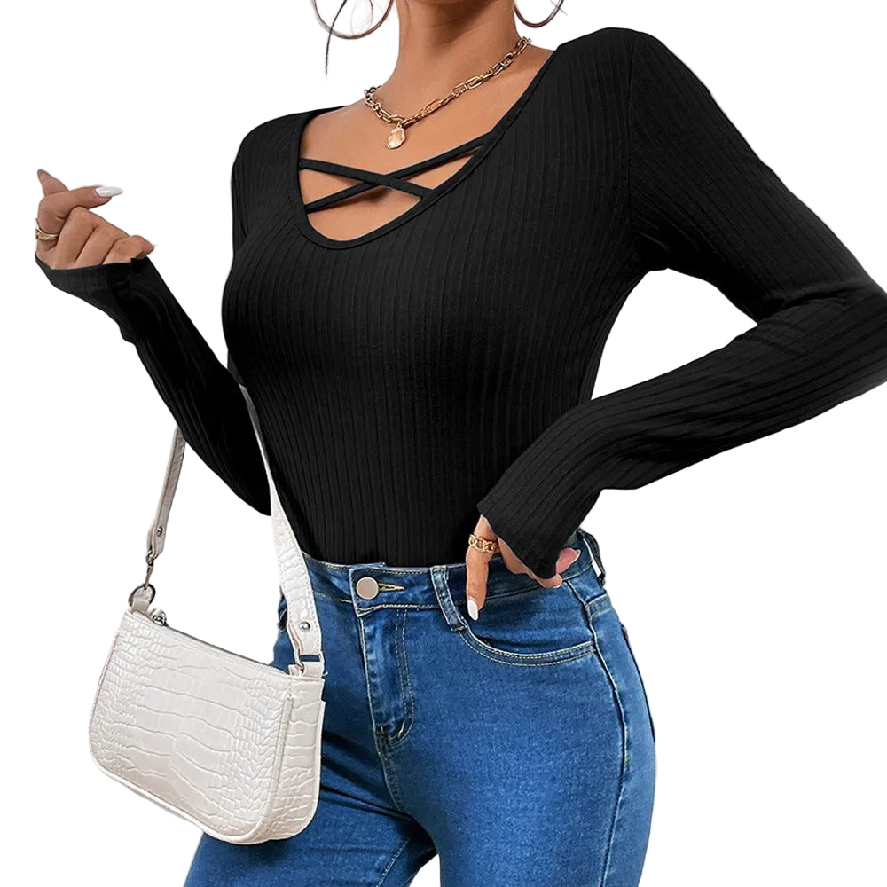 Blusa informal elegante de manga larga con cordones para mujer, color negro