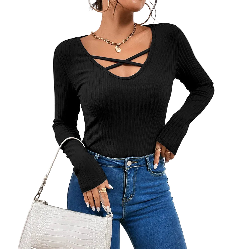 Blusa informal elegante de manga larga con cordones para mujer, color negro