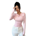 Camiseta de punto de manga larga con cuello alto para mujer, color liso