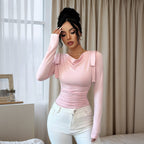 Camiseta de punto de manga larga con cuello alto para mujer, color liso