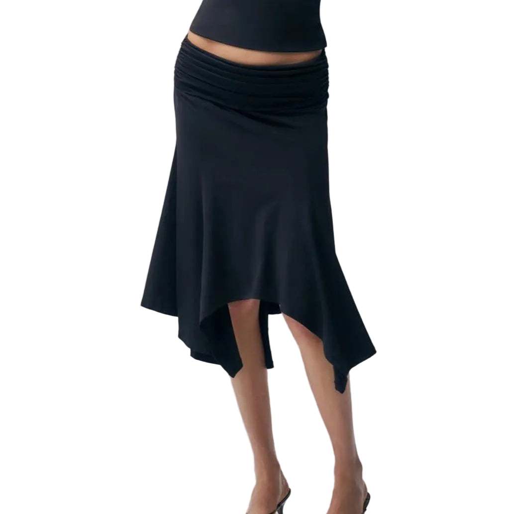Falda asimétrica negra de talle bajo para mujer – Falda plisada de largo medio estilo A para calle