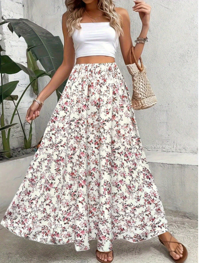 Falda larga de mujer con estampado floral, ligera y casual para verano