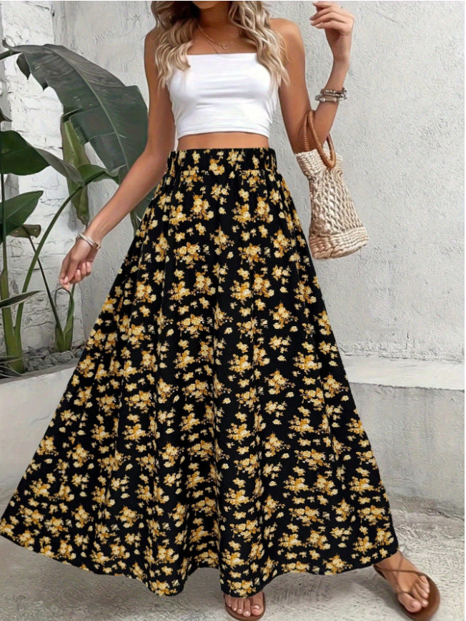 Falda larga de mujer con estampado floral, ligera y casual para verano