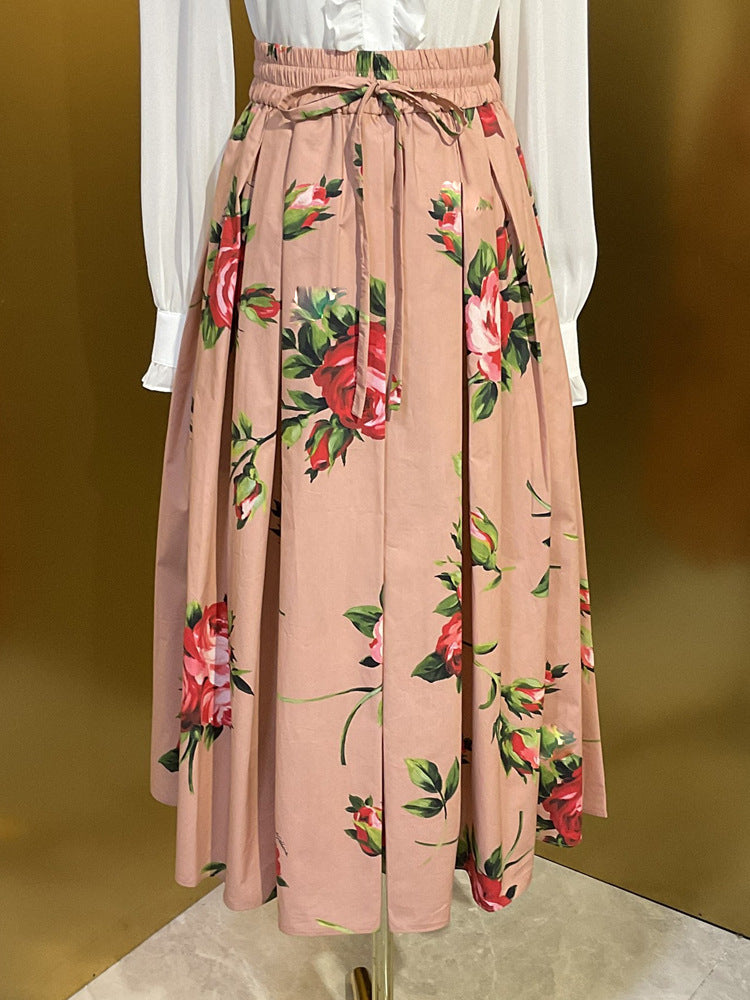 Falda midi de corte A para mujer, cintura elástica alta, falda floral a la moda