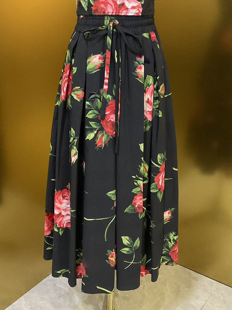 Falda midi de corte A para mujer, cintura elástica alta, falda floral a la moda