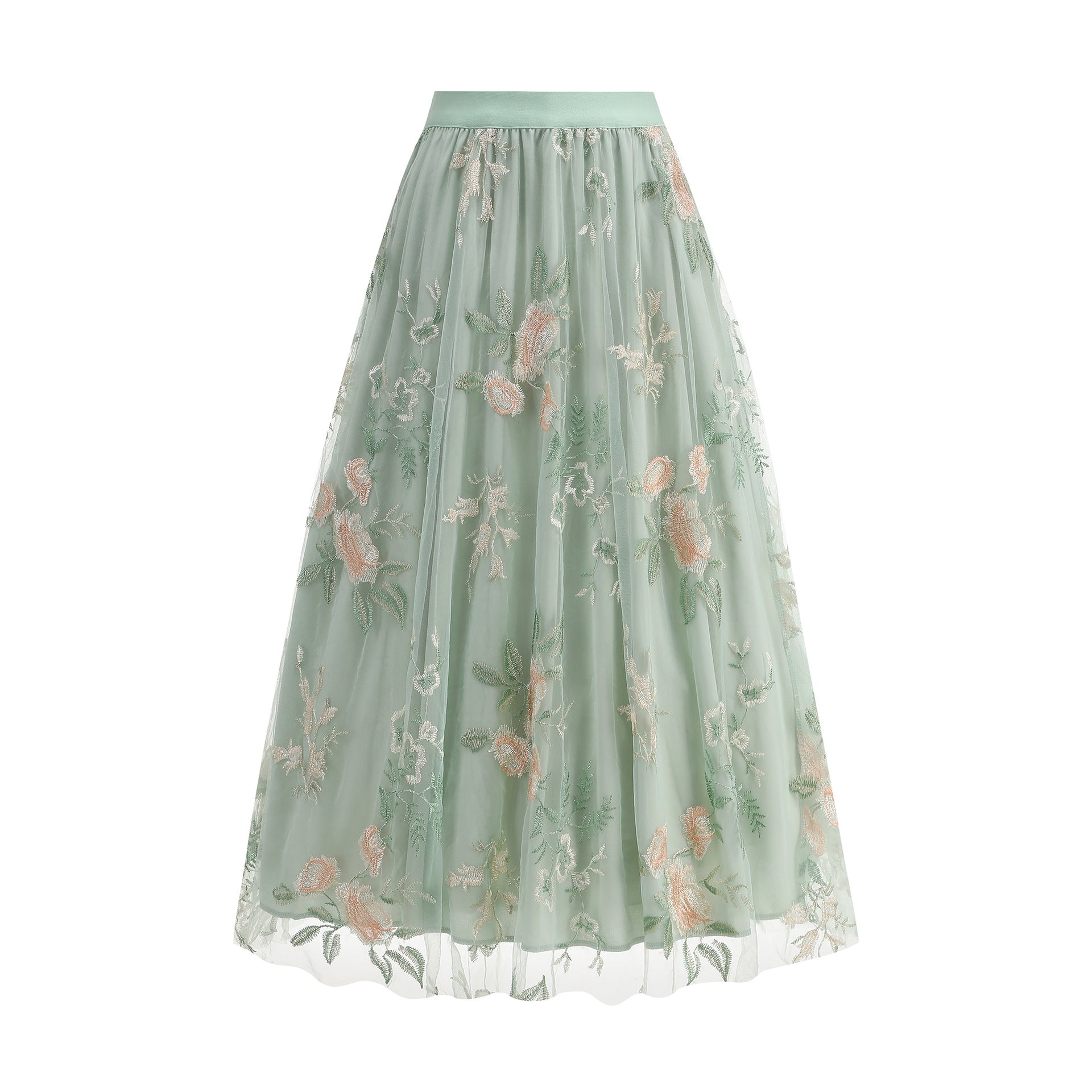 Falda midi de malla con bordado floral para mujer – Falda veraniega artística vintage de corte A con superposición de tul