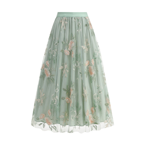 Falda midi de malla con bordado floral para mujer – Falda veraniega artística vintage de corte A con superposición de tul