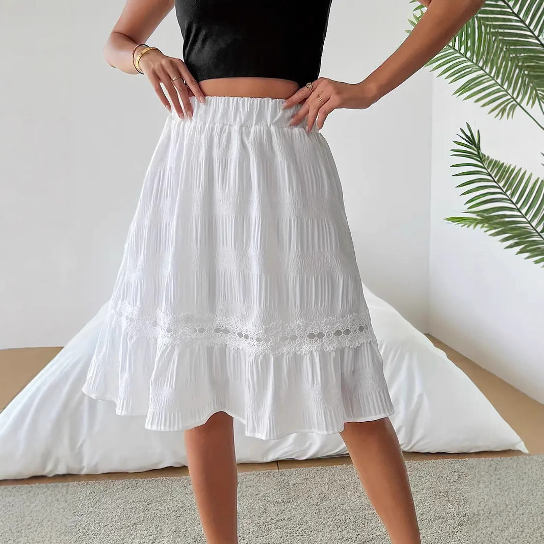 Falda midi de mujer de color liso con volantes y cintura elástica, estilo casual