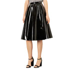 Falda midi plisada de piel sintética con acabado espejo para mujer, estilo casual preppy