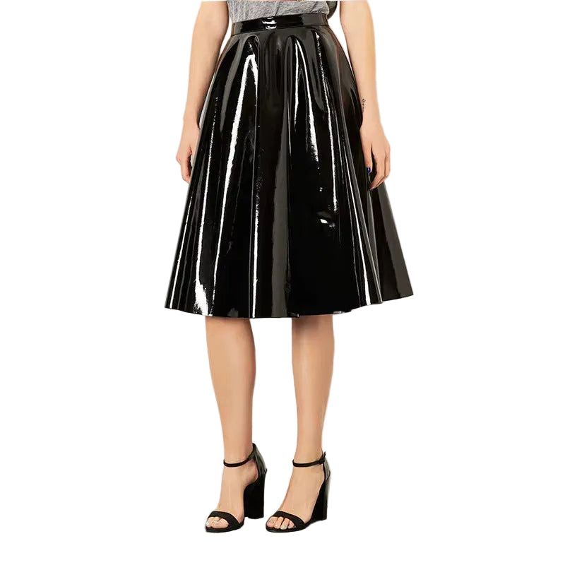 Falda midi plisada de piel sintética con acabado espejo para mujer, estilo casual preppy