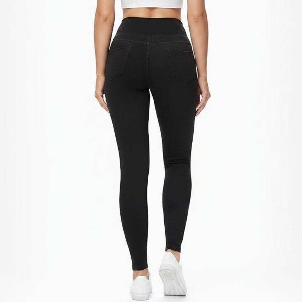 Leggings largos elásticos con bolsillos y cintura alta de imitación de mezclilla para mujer