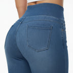 Leggings largos elásticos con bolsillos y cintura alta de imitación de mezclilla para mujer