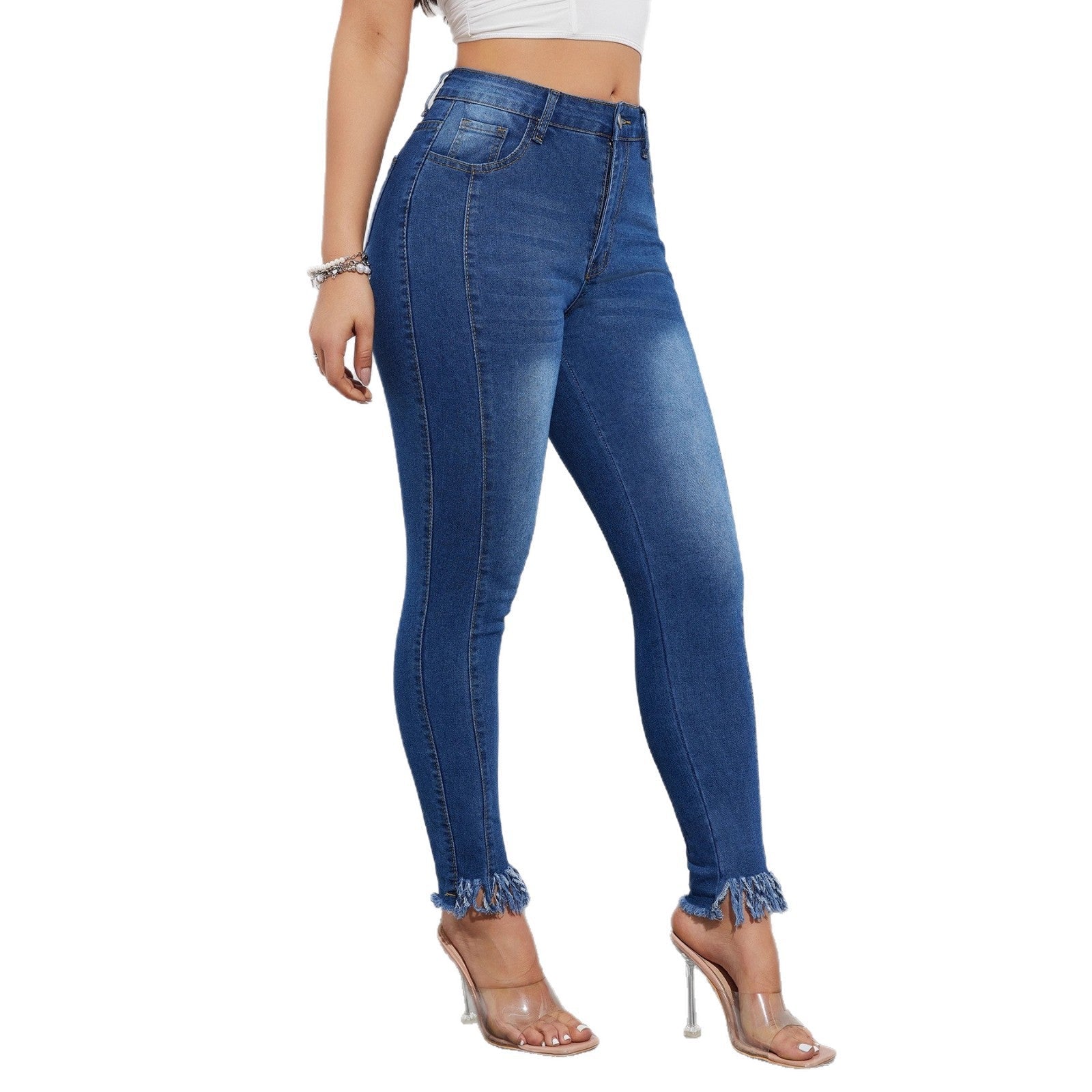 Pantalones de mujer de talle alto y pierna recta – Azul oscuro, corte ajustado, 100% poliéster, con bolsillos.