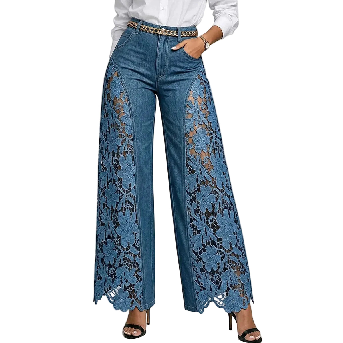 Pantalones vaqueros de mezclilla de cintura alta y pierna ancha con paneles de encaje para mujer