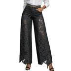 Pantalones vaqueros de mezclilla de cintura alta y pierna ancha con paneles de encaje para mujer