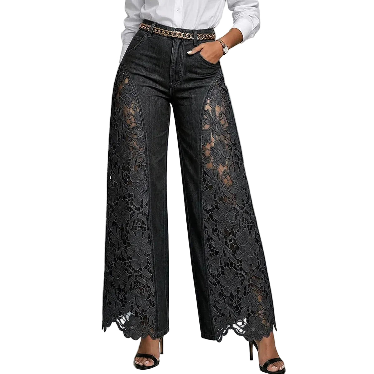 Pantalones vaqueros de mezclilla de cintura alta y pierna ancha con paneles de encaje para mujer