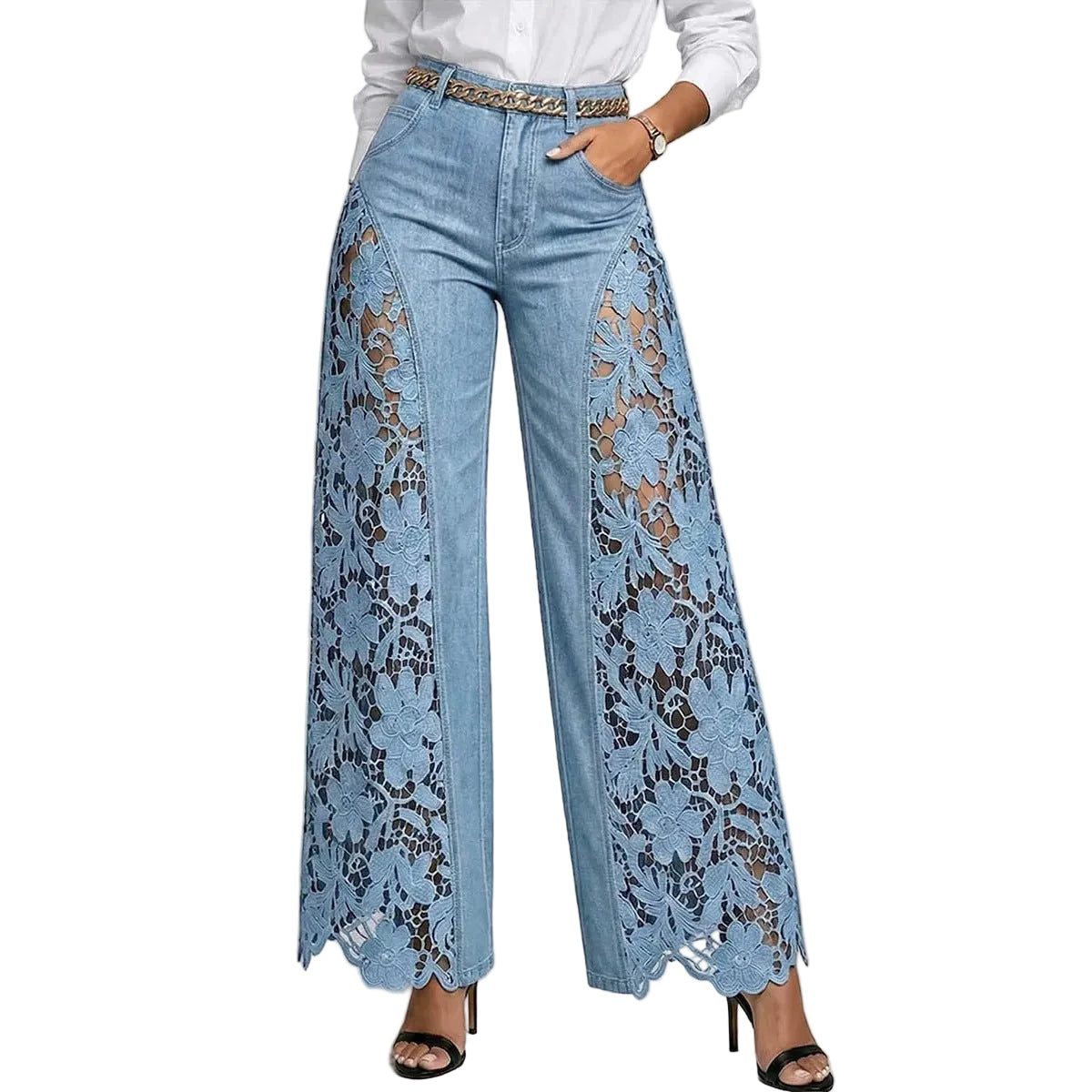 Pantalones vaqueros de mezclilla de cintura alta y pierna ancha con paneles de encaje para mujer
