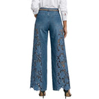 Pantalones vaqueros de mezclilla de cintura alta y pierna ancha con paneles de encaje para mujer