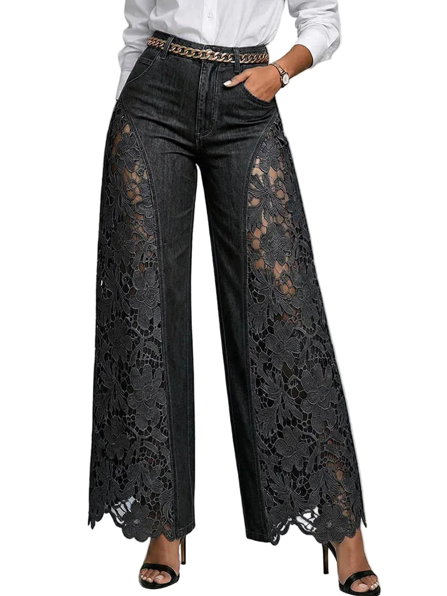 Pantalones vaqueros de mezclilla de cintura alta y pierna ancha con paneles de encaje para mujer