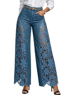 Pantalones vaqueros de mezclilla de cintura alta y pierna ancha con paneles de encaje para mujer