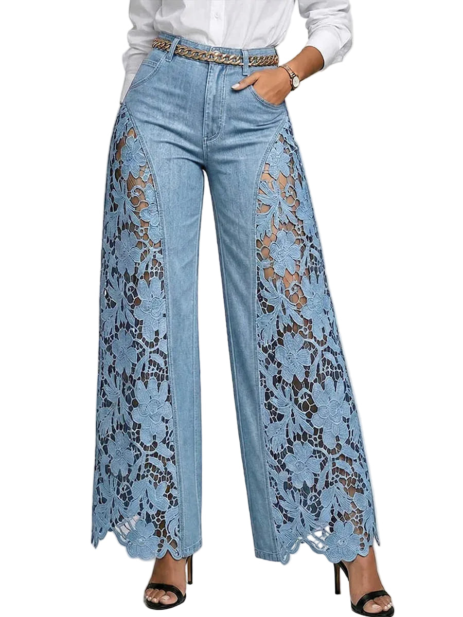 Pantalones vaqueros de mezclilla de cintura alta y pierna ancha con paneles de encaje para mujer