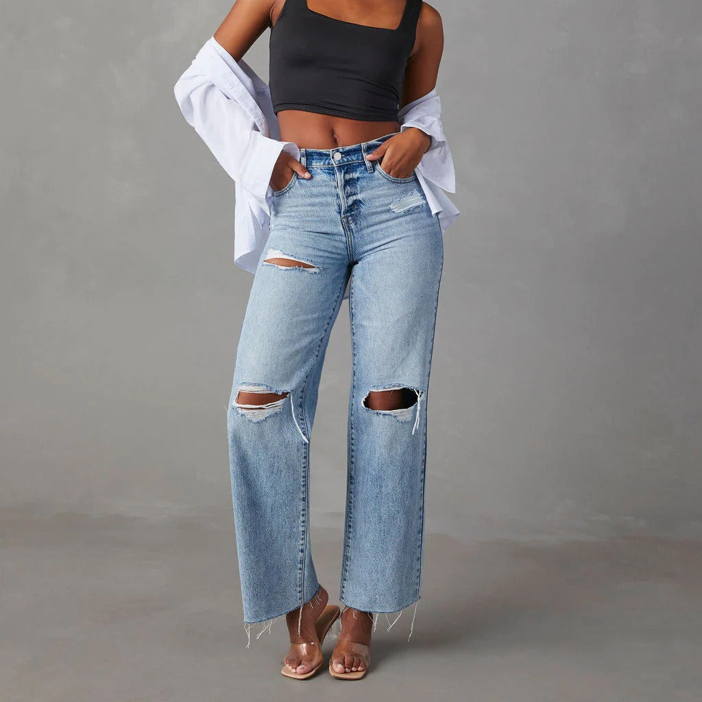 Pantalones vaqueros de mujer de pierna recta, lavados, de talle alto y largo completo