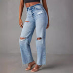 Pantalones vaqueros de mujer de pierna recta, lavados, de talle alto y largo completo