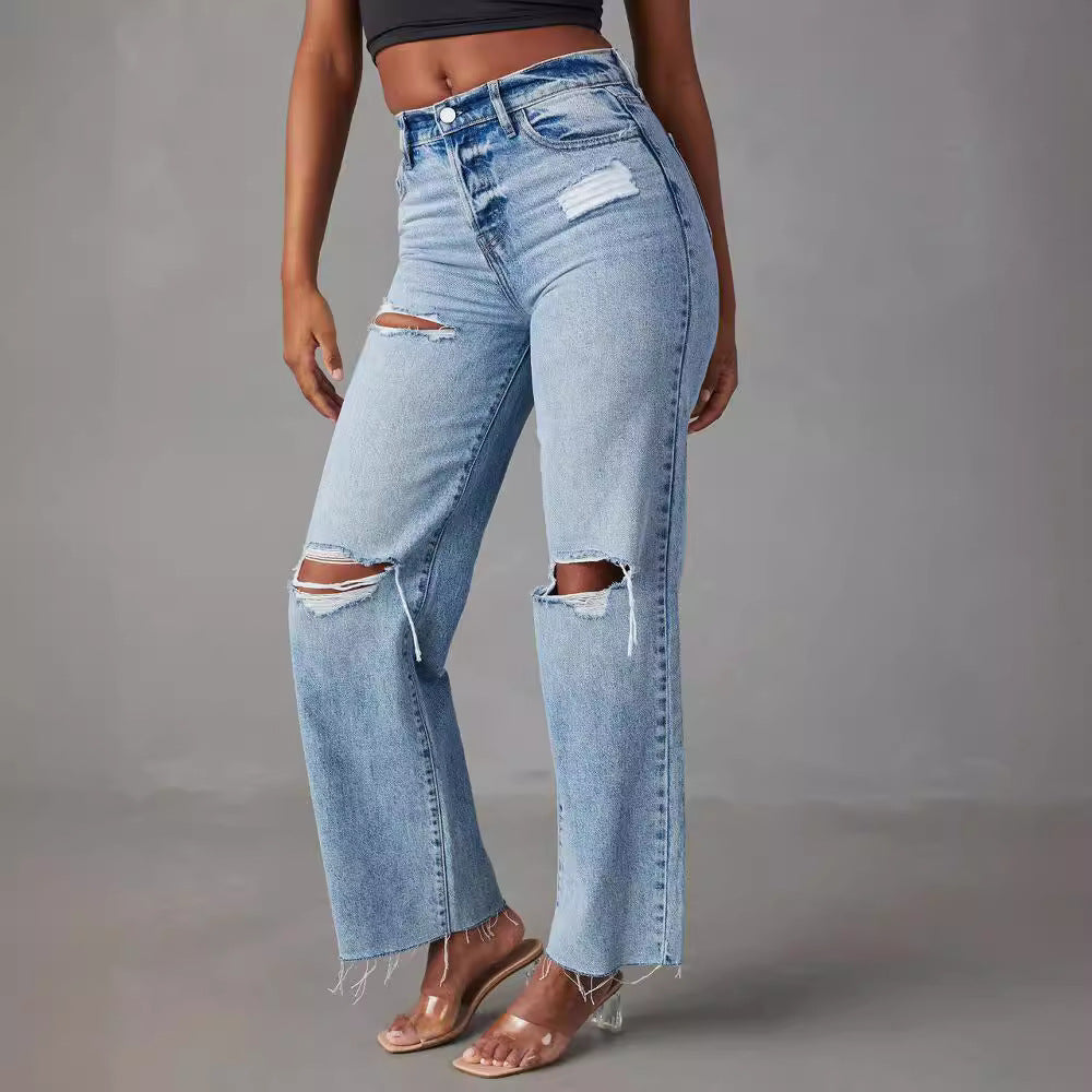 Pantalones vaqueros de mujer de pierna recta, lavados, de talle alto y largo completo