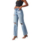 Pantalones vaqueros de mujer de pierna recta, lavados, de talle alto y largo completo