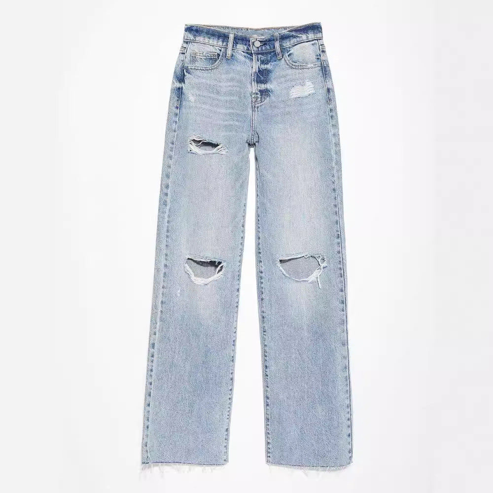 Pantalones vaqueros de mujer de pierna recta, lavados, de talle alto y largo completo
