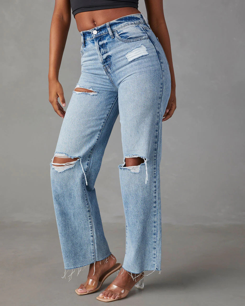 Pantalones vaqueros de mujer de pierna recta, lavados, de talle alto y largo completo