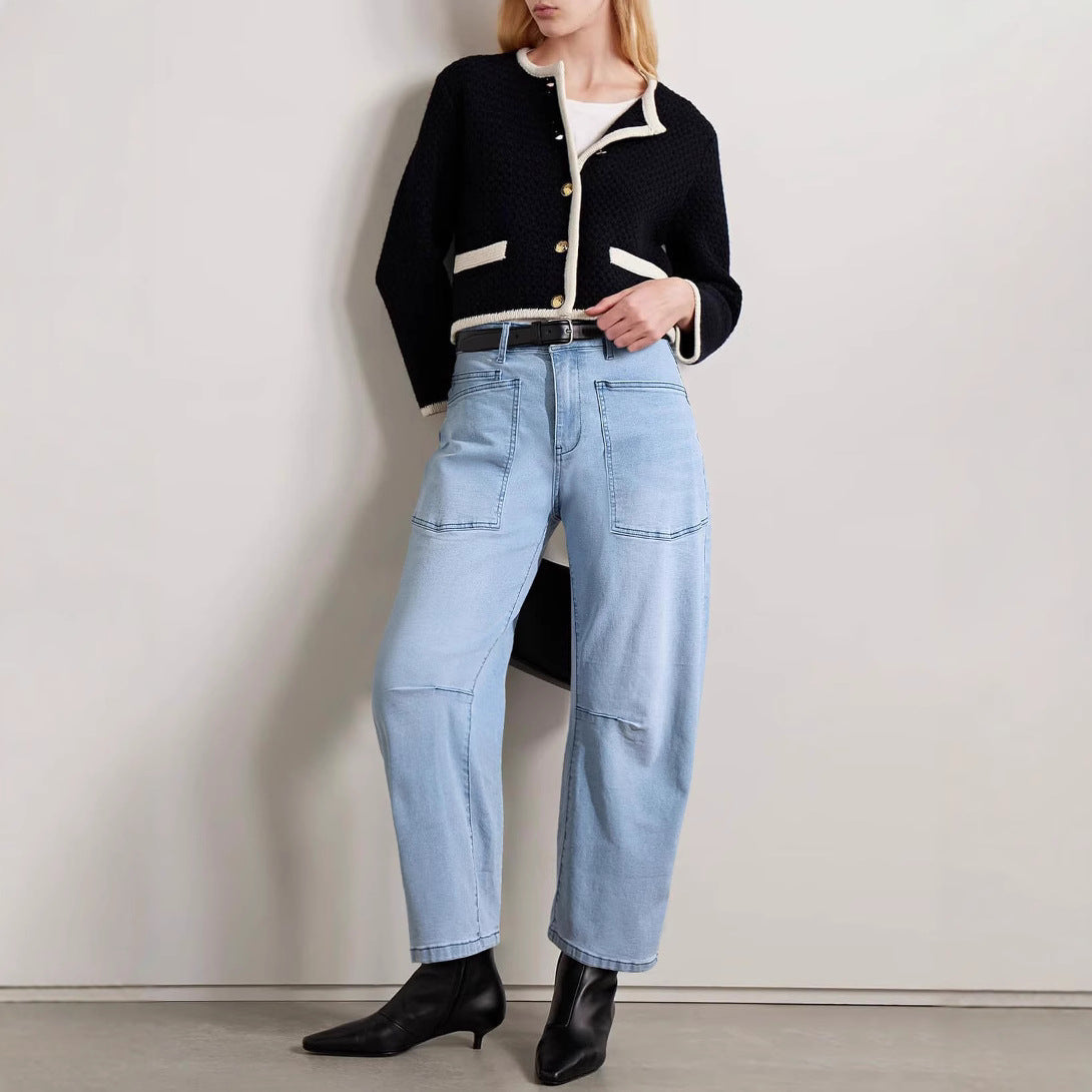 Pantalones vaqueros de mujer de talle alto, corte recto y múltiples bolsillos, largos hasta el suelo