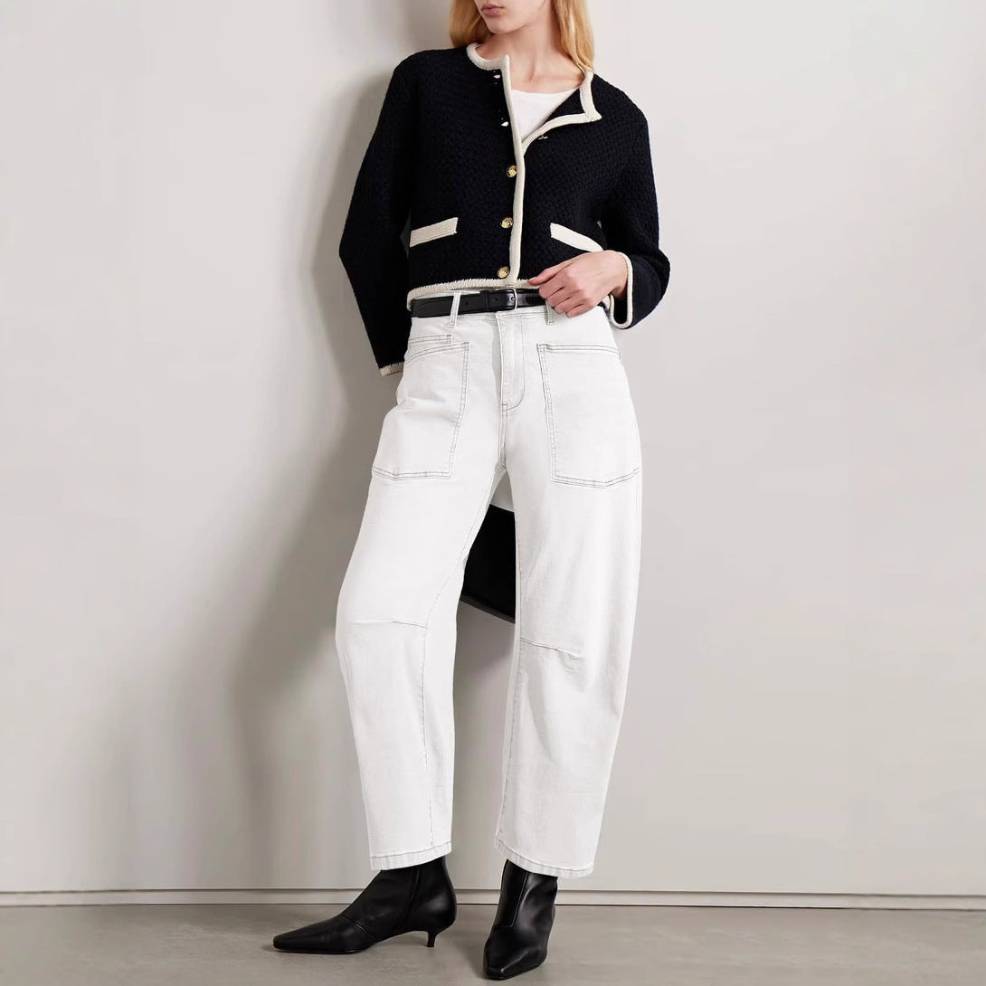 Pantalones vaqueros de mujer de talle alto, corte recto y múltiples bolsillos, largos hasta el suelo
