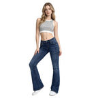 Pantalones vaqueros elásticos de talle alto y corte acampanado para mujer