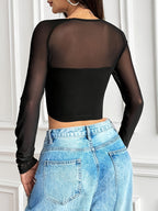 Top corto de manga larga con cuello cuadrado y estampado patchwork para mujer, estilo casual urbano