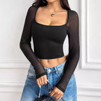 Top corto de manga larga con cuello cuadrado y estampado patchwork para mujer, estilo casual urbano