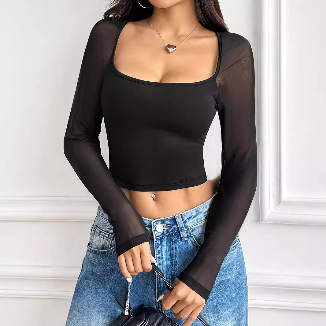 Top corto de manga larga con cuello cuadrado y estampado patchwork para mujer, estilo casual urbano