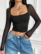 Top corto de manga larga con cuello cuadrado y estampado patchwork para mujer, estilo casual urbano