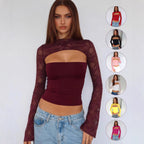 Top de mujer de manga larga acampanada con encaje y patchwork – Jersey corto de punto ajustado en varios colores