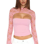 Top de mujer de manga larga acampanada con encaje y patchwork – Jersey corto de punto ajustado en varios colores