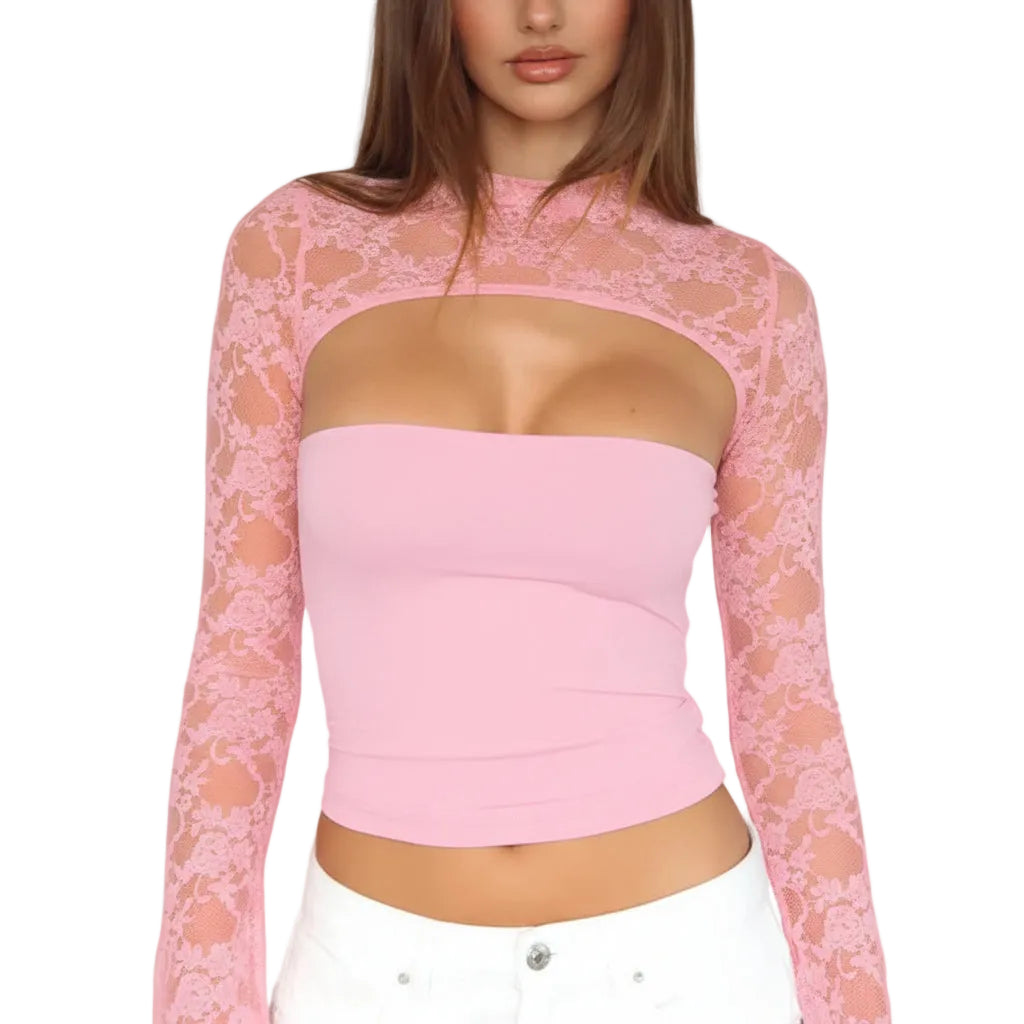 Top de mujer de manga larga acampanada con encaje y patchwork – Jersey corto de punto ajustado en varios colores