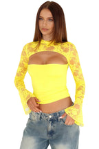 Top de mujer de manga larga acampanada con encaje y patchwork – Jersey corto de punto ajustado en varios colores