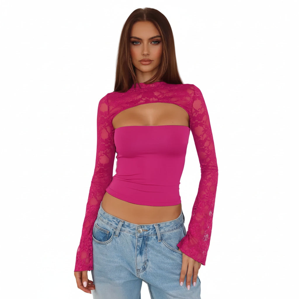Top de mujer de manga larga acampanada con encaje y patchwork – Jersey corto de punto ajustado en varios colores