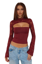 Top de mujer de manga larga acampanada con encaje y patchwork – Jersey corto de punto ajustado en varios colores