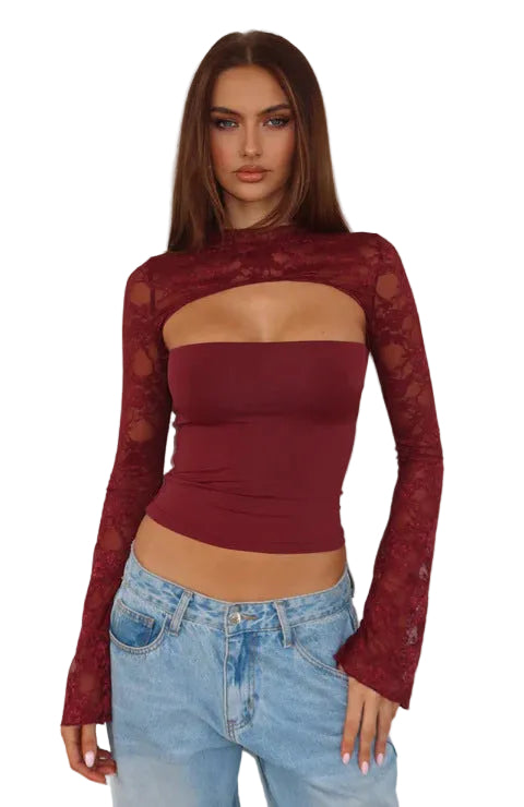 Top de mujer de manga larga acampanada con encaje y patchwork – Jersey corto de punto ajustado en varios colores