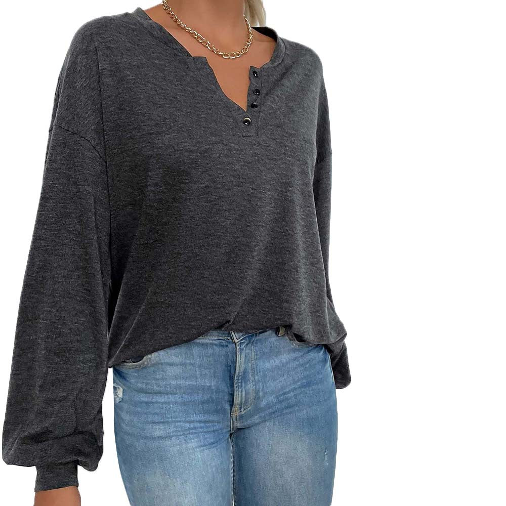 Top informal de manga larga holgado color gris jaspeado para mujer