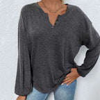 Top informal de manga larga holgado color gris jaspeado para mujer