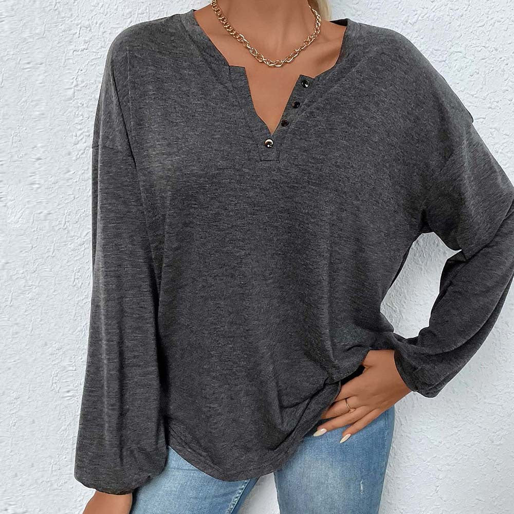 Top informal de manga larga holgado color gris jaspeado para mujer