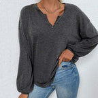 Top informal de manga larga holgado color gris jaspeado para mujer