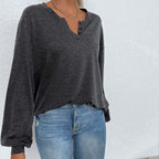 Top informal de manga larga holgado color gris jaspeado para mujer